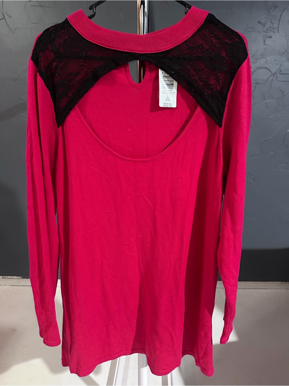 torrid Hot Pink Long Sleeve Top with Black Lace Yoke